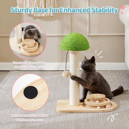 Wefulfil Wooden Scratching Post with sisal column green mushroom top and wooden toy base