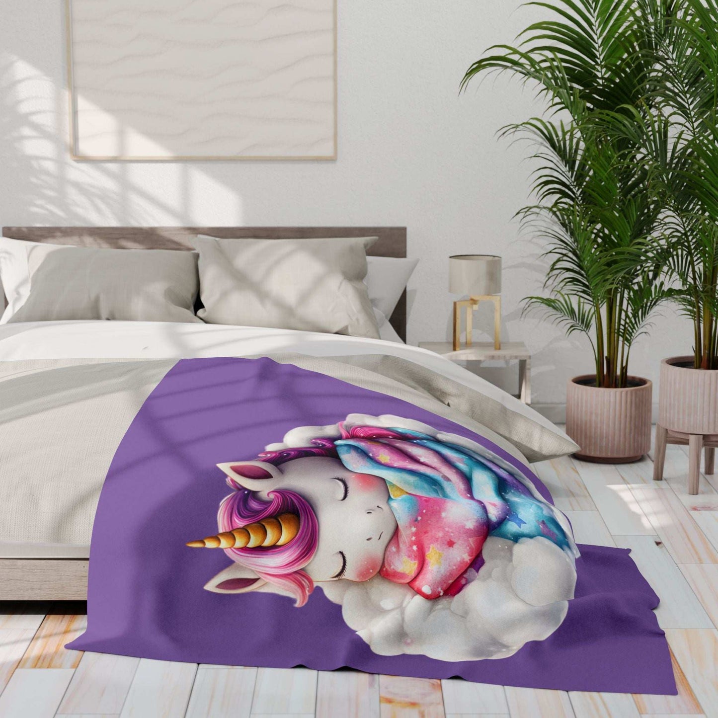 Cozy Throw for Kids purple unicorn blanket with sleeping rainbow mane design on bed