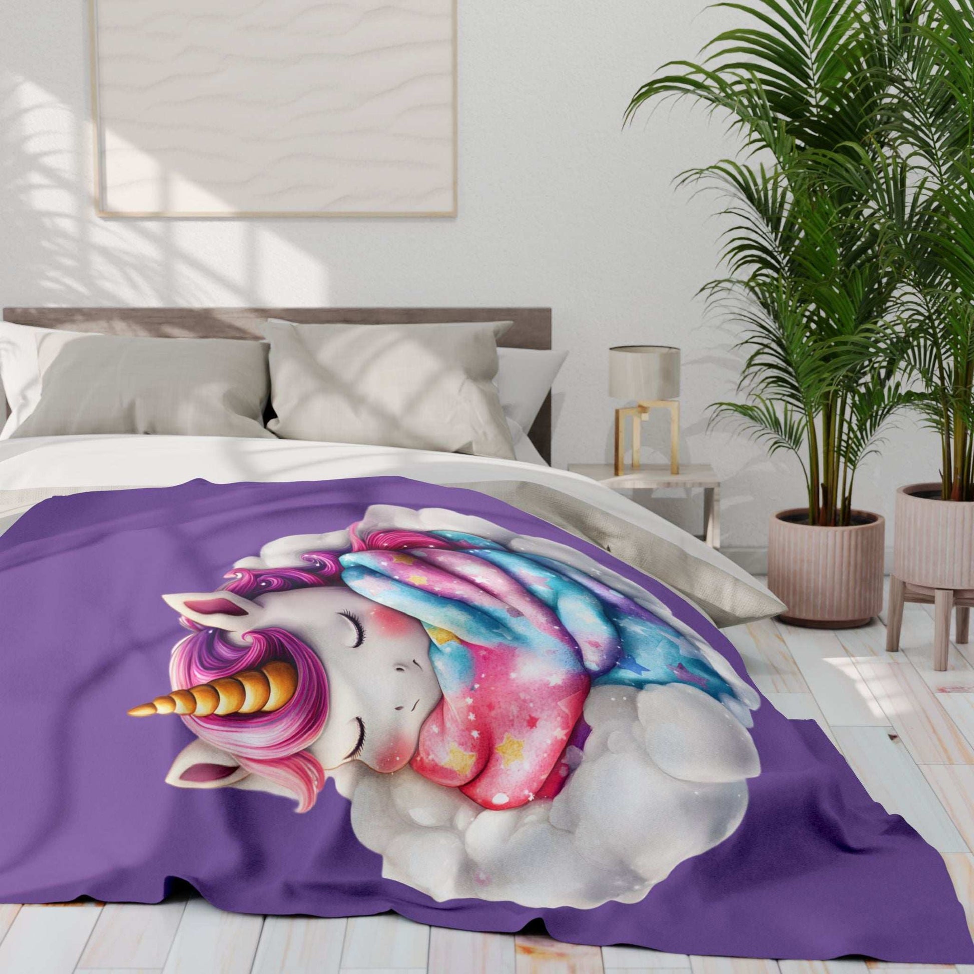 Cozy Throw for Kids featuring a sleeping rainbow unicorn on a cloud printed on a purple blanket for bedroom decor