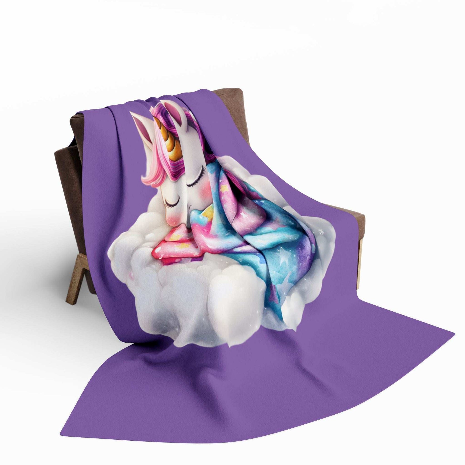 Purple unicorn throw on chair with sleeping unicorn on cloud soft fleece Cozy Throw for Kids for naps and bedroom decor