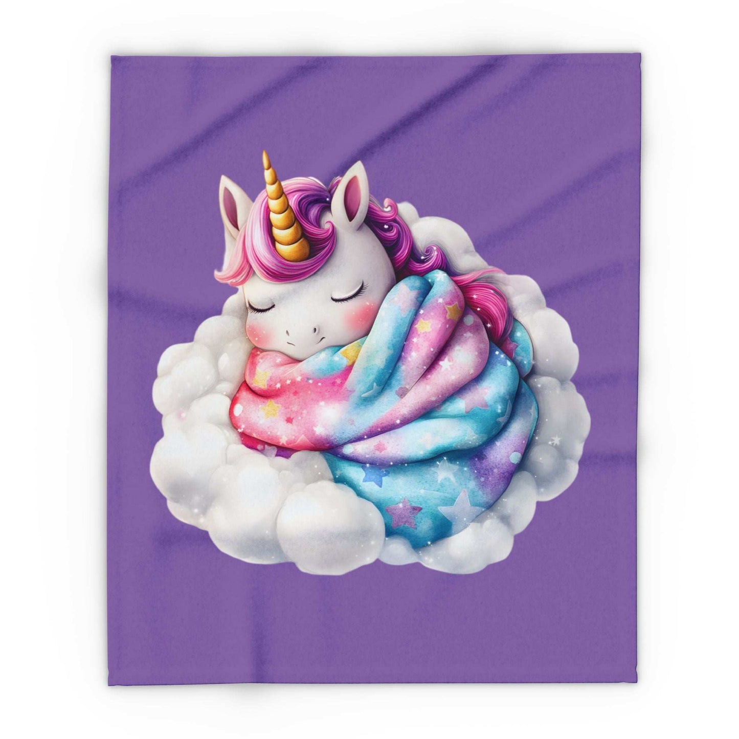 Cozy Throw for Kids featuring a sleeping unicorn wrapped in a pastel galaxy blanket on a fluffy cloud purple background
