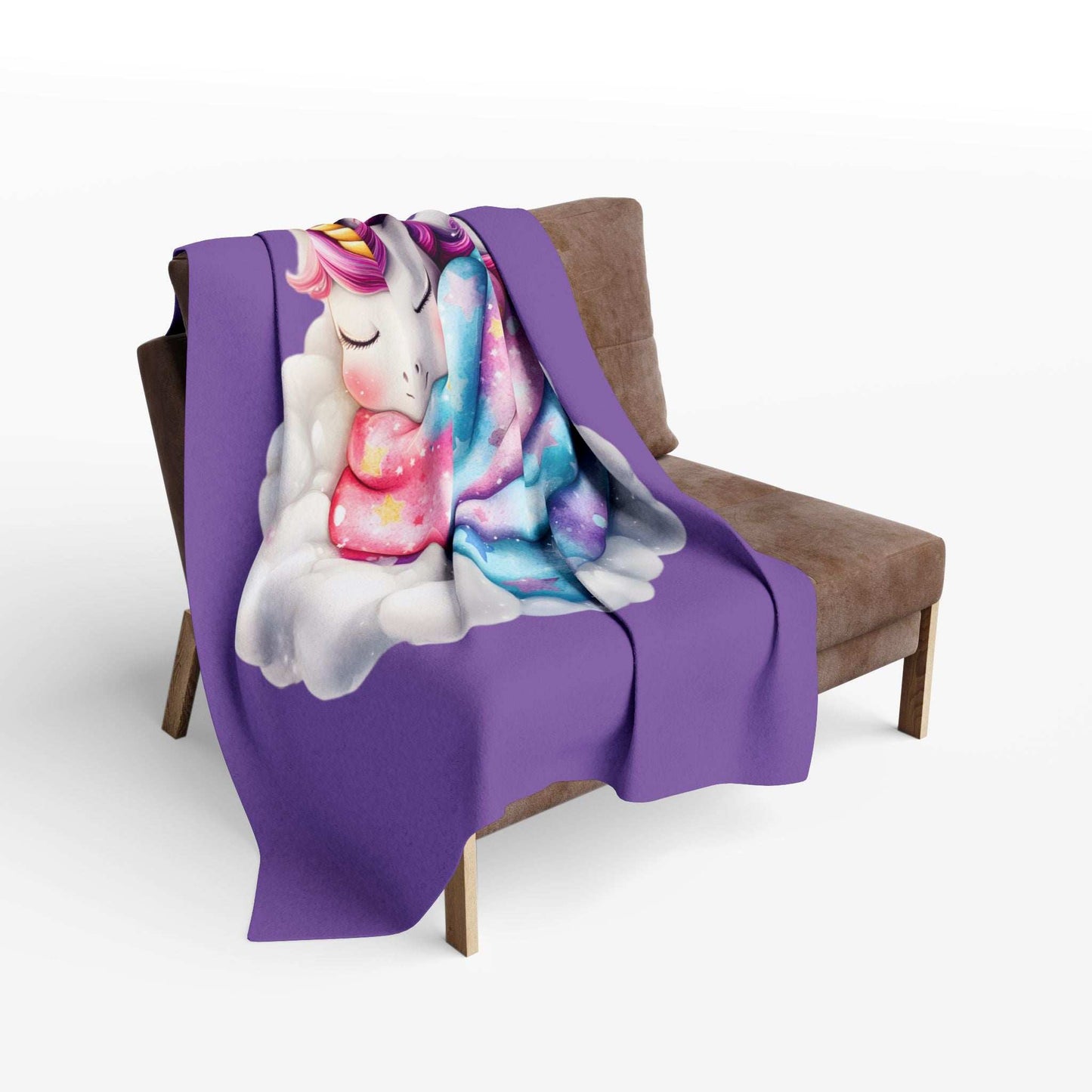 Cozy Throw for Kids purple unicorn blanket on cloud design draped over brown accent chair