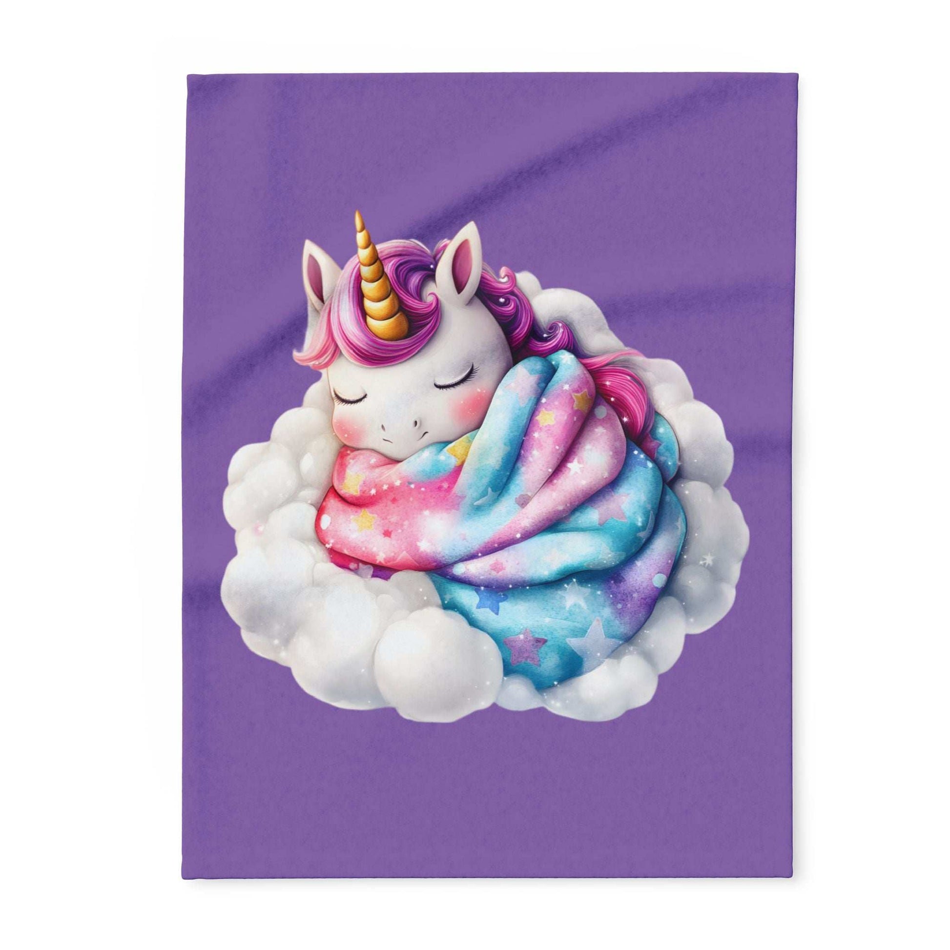 Cozy Throw for Kids featuring a sleeping unicorn wrapped in a pastel starry blanket on a cloud