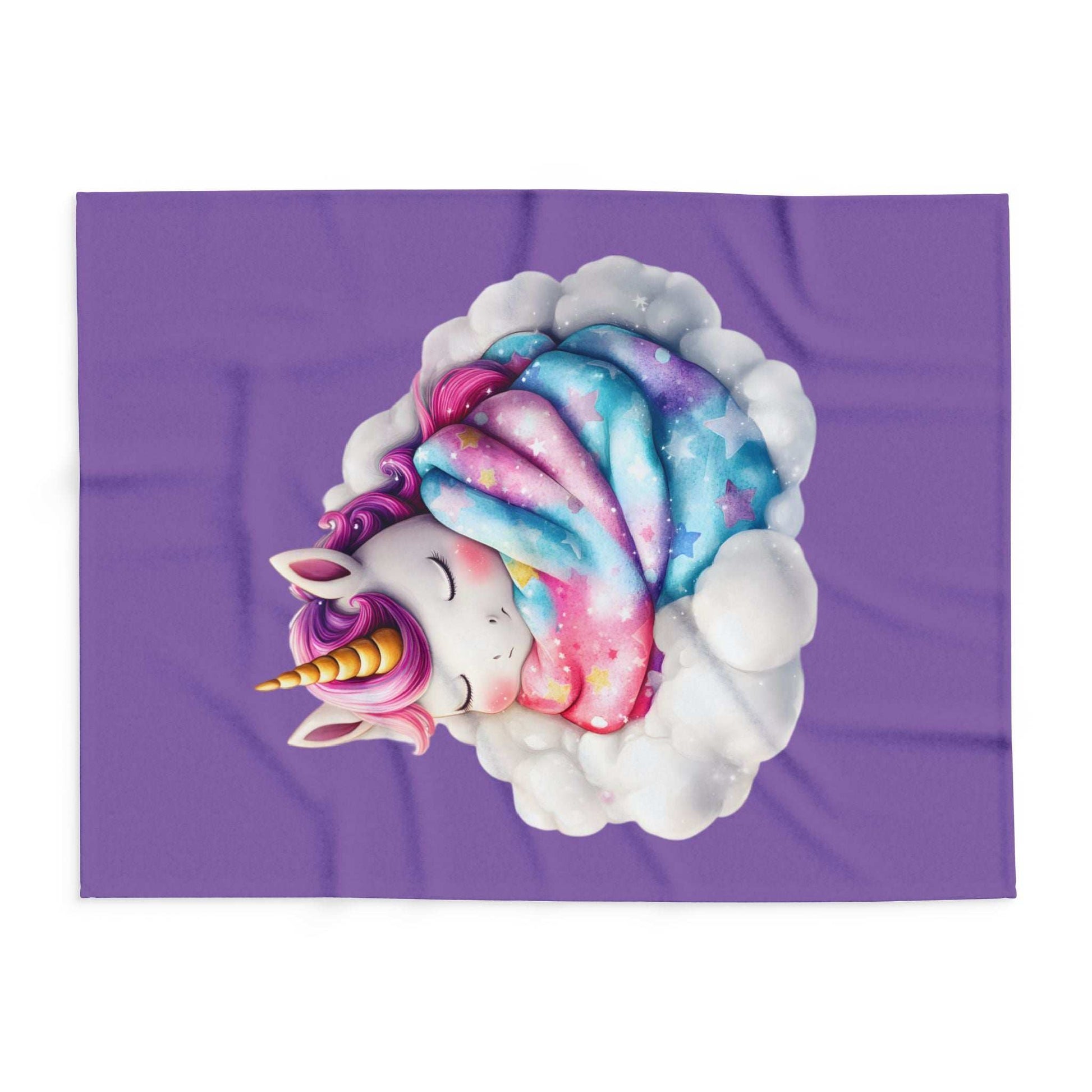Cozy Throw for Kids featuring sleeping rainbow unicorn wrapped in galaxy blanket on white cloud on purple background