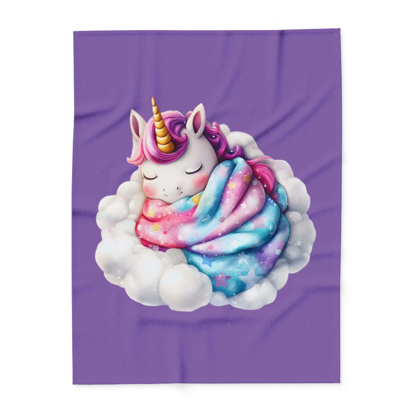 Printify Cozy Throw for Kids featuring a sleeping unicorn on a cloud wrapped in a rainbow galaxy blanket on purple