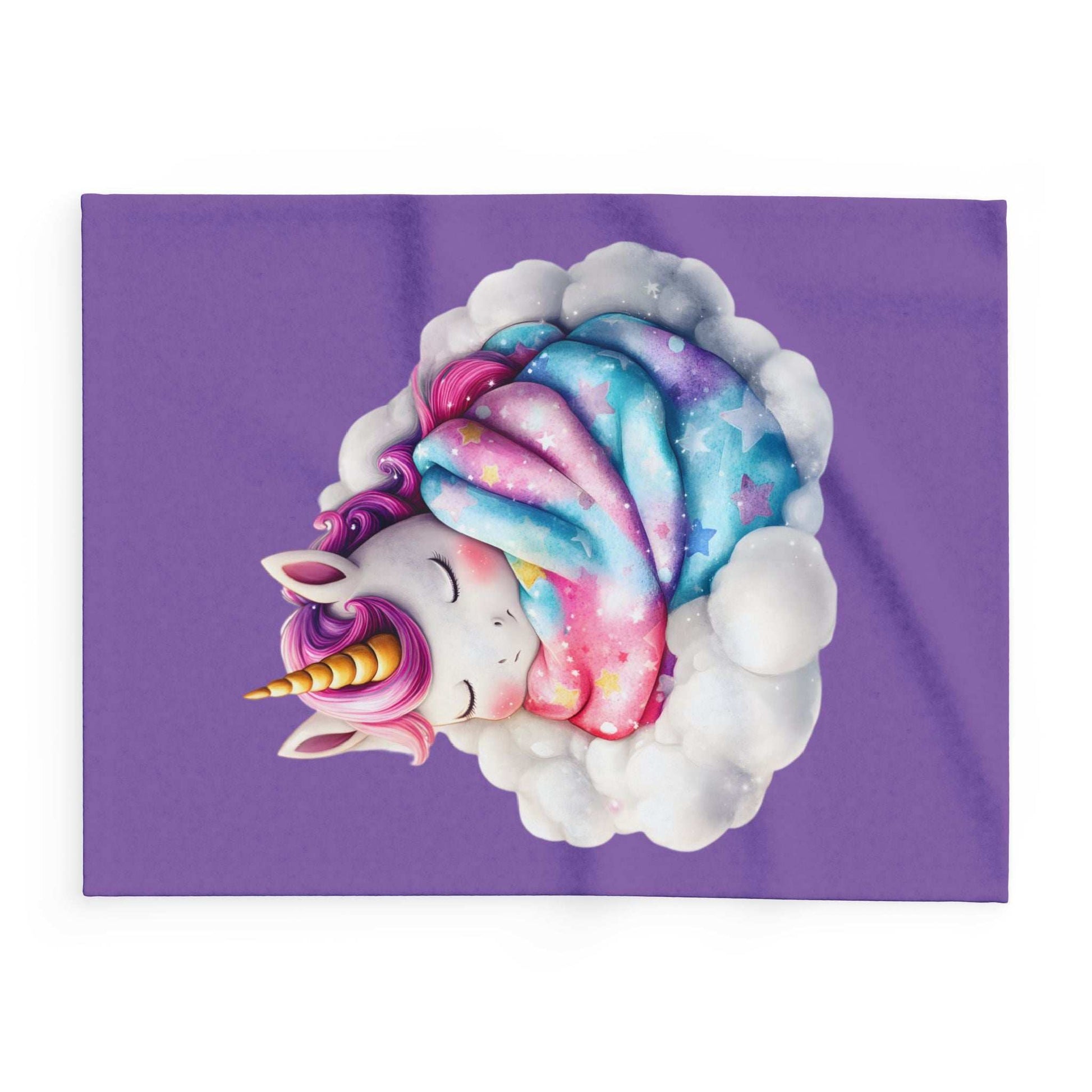 Printify Cozy Throw for Kids showing a sleeping unicorn wrapped in a rainbow galaxy blanket on a purple background