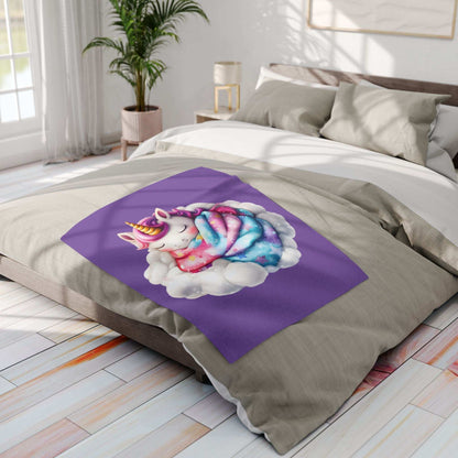 Cozy Throw for Kids featuring sleeping rainbow unicorn on purple blanket displayed on a modern bed