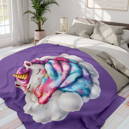 Purple unicorn blanket with sleeping galaxy unicorn on cloud on bed Cozy Throw for Kids soft plush decor