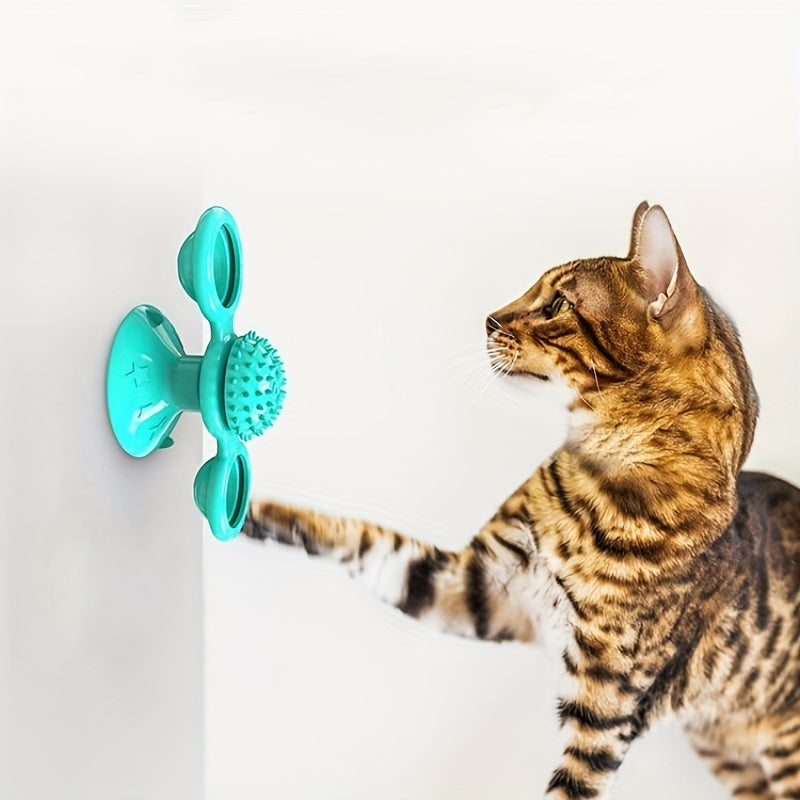 Wefulfil Massager Cat Toy in teal attached to wall with cat pawing at it for play