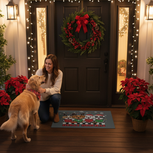 Merry Woofmas doormat clearly visible on Christmas porch