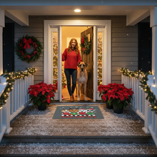 Merry Woofmas doormat with redhead and Great Dane waiting inside
