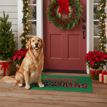 Merry Woofmas rug on Christmas porch with Golden Retriever