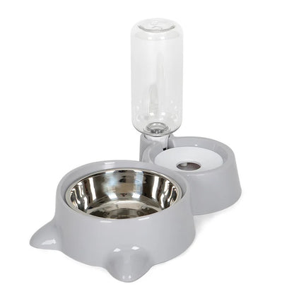 Wefulfil grey dual pet bowl with stainless steel food bowl and bottle gravity dispenser automatic pet water fountain