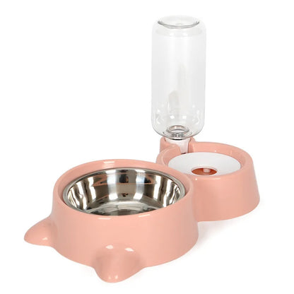 Wefulfil pink dual pet bowl with stainless steel food dish and bottle automatic pet water fountain