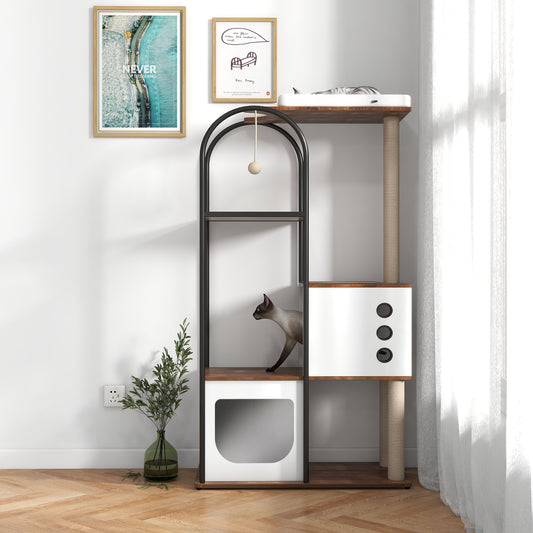 Wefulfil Modern Arched Cat Tree Tower in living room with cat playing on wooden and white platform