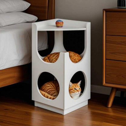Wefulfil modern cat furniture tower in white with multiple openings and two orange tabby cats inside