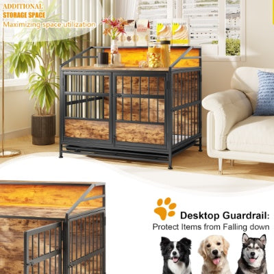 Wefulfil Furniture Style Dog Crate with additional storage space and desktop guardrail in living room