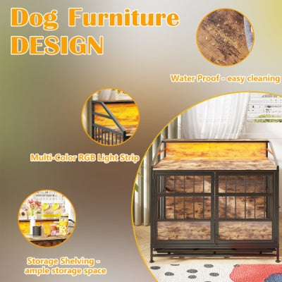 Wefulfil Furniture Style Dog Crate with waterproof wood design, RGB light strip, and storage shelving