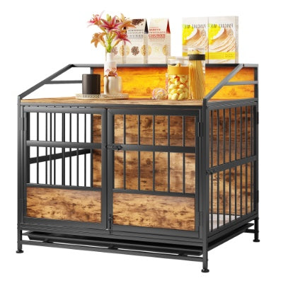 Wefulfil furniture style dog crate with metal frame and wood panels for stylish pet housing