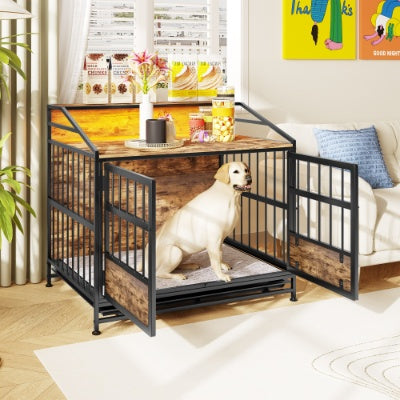 Wefulfil Furniture Style Dog Crate with metal frame and wood panel design featuring a dog inside and open doors