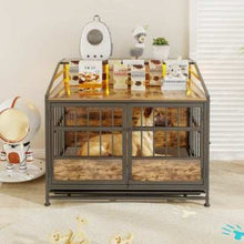 Wefulfil Furniture Style Dog Crate with wooden top and metal bars housing a small dog indoors