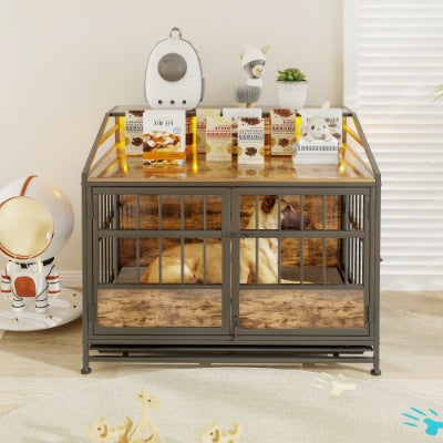 Wefulfil Furniture Style Dog Crate with wooden top and metal bars housing a small dog indoors