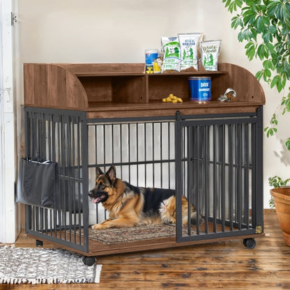 Wefulfil wooden dog kennel for large dogs with black metal bars locking door and storage shelf