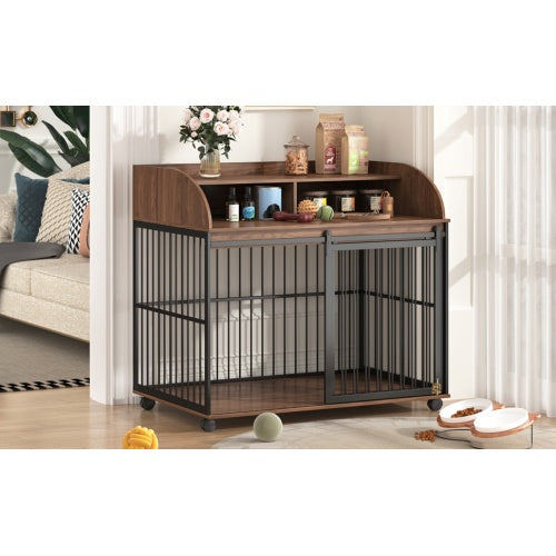 Wefulfil wooden dog kennel for large dogs with walnut top storage shelf and black metal bars on wheels
