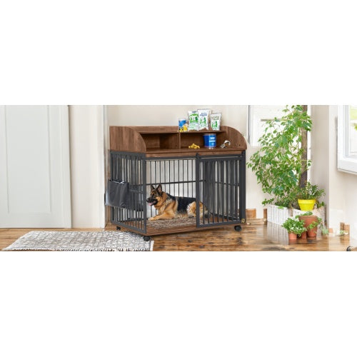 Wefulfil wooden dog kennel for large dogs with storage top black metal bars rolling casters and bedding