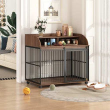 Wefulfil wooden dog kennel for large dogs with top storage shelf metal bar doors caster wheels indoor crate