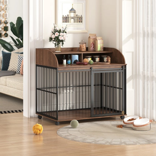 Wefulfil wooden dog kennel for large dogs with top storage shelf metal bar doors caster wheels indoor crate