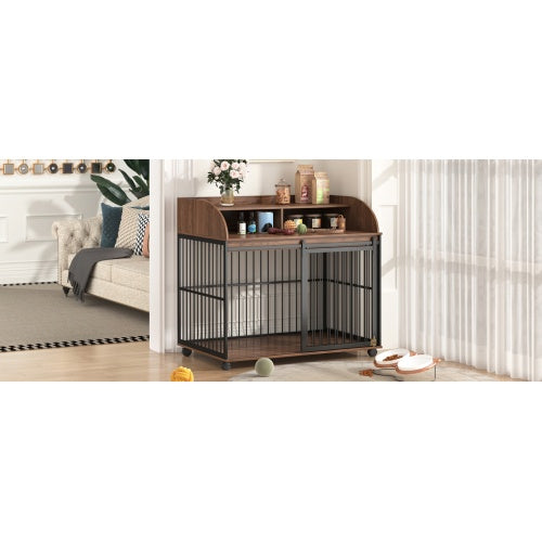 Wefulfil wooden dog kennel for large dogs with storage shelf and metal bar frame on casters