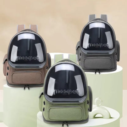 Purrfect Pet Haven breathable cat backpack carrier with clear bubble window side vents padded straps in green brown gray