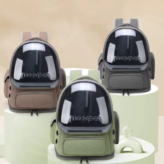 Purrfect Pet Haven breathable cat backpack carrier with clear bubble window side vents padded straps in green brown gray