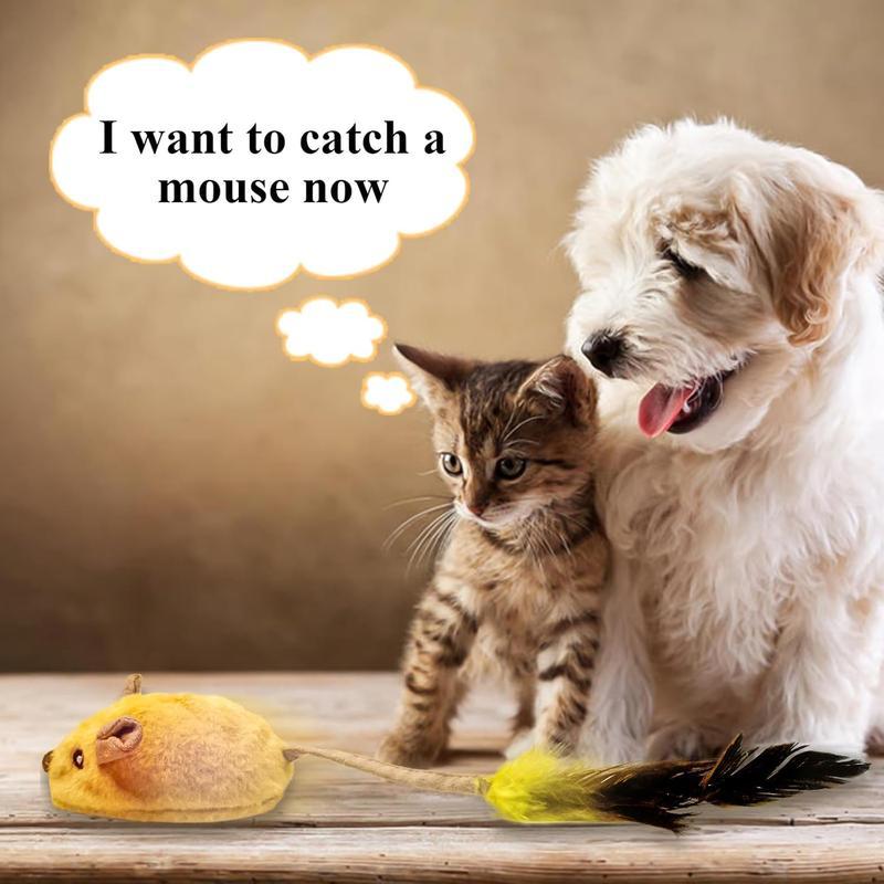 Curious kitten and white puppy looking at a yellow mouse cat toy on wooden floor