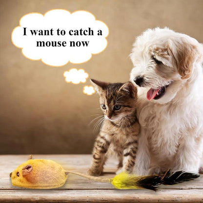 Curious kitten and white puppy looking at a yellow mouse cat toy on wooden floor