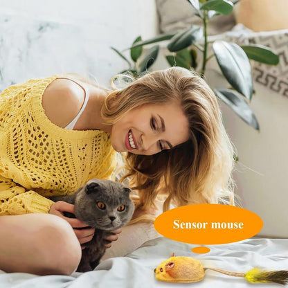 Woman playing with gray cat and Wefulfil Mouse Cat Toy with sensor feature on bed