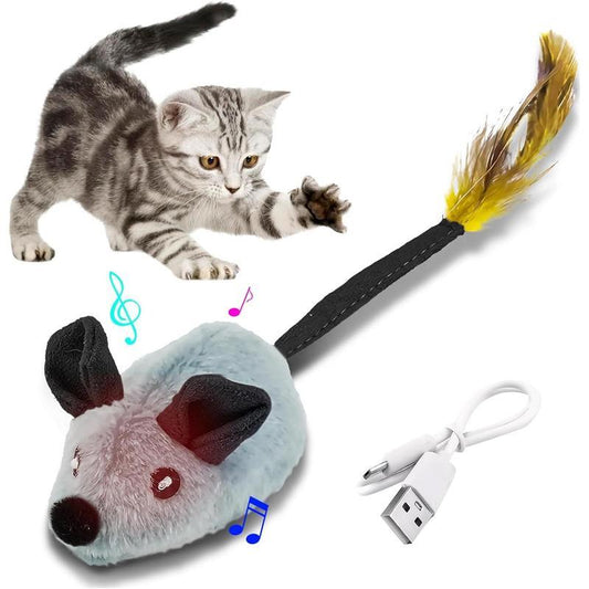 Wefulfil Mouse Cat Toy with feathers, plush design, and USB charging cable for interactive pet play