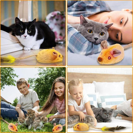 Wefulfil Mouse Cat Toy shown with cats and children playing indoors and outdoors