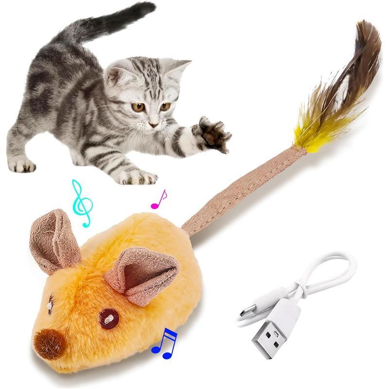 Wefulfil Mouse Cat Toy with feathers, USB charging cable, and playful kitten reaching out