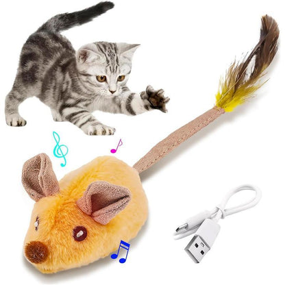 Wefulfil Mouse Cat Toy with feathers, USB charging cable, and playful kitten reaching out