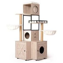 Wefulfil multi-functional cat tree with wooden cubed houses, sisal posts, and cozy hanging beds