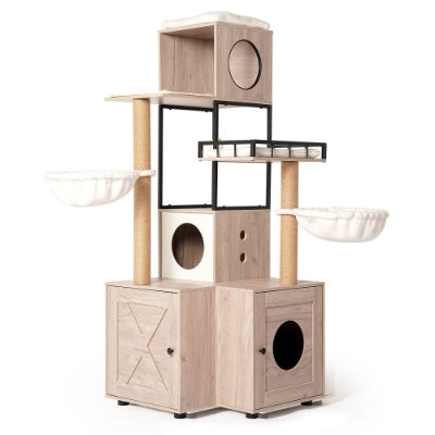 Wefulfil multi-functional cat tree with wooden cubed houses, sisal posts, and cozy hanging beds