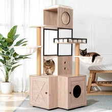 Wefulfil multi-functional cat tree with beige wood finish and cozy platforms for cats lounging and playing