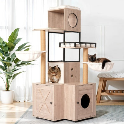 Wefulfil multi-functional cat tree with beige wood finish and cozy platforms for cats lounging and playing