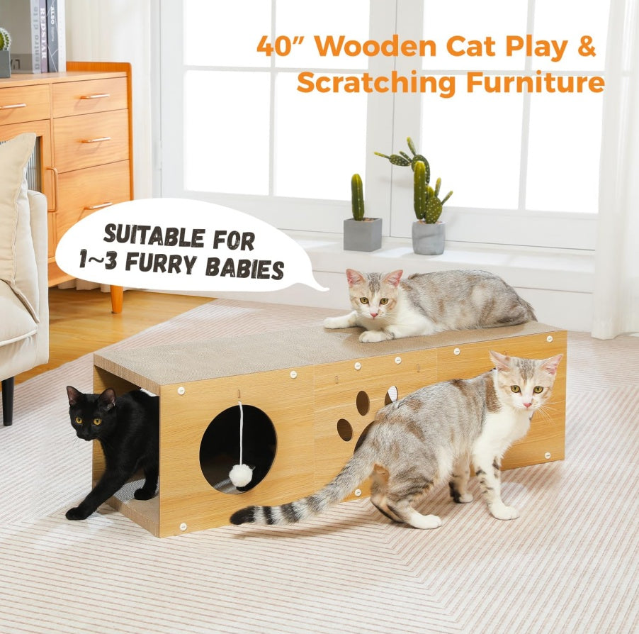 Wefulfil Multi-Hole Fun Cat Tunnel wooden cat play and scratching furniture with three cats playing indoors