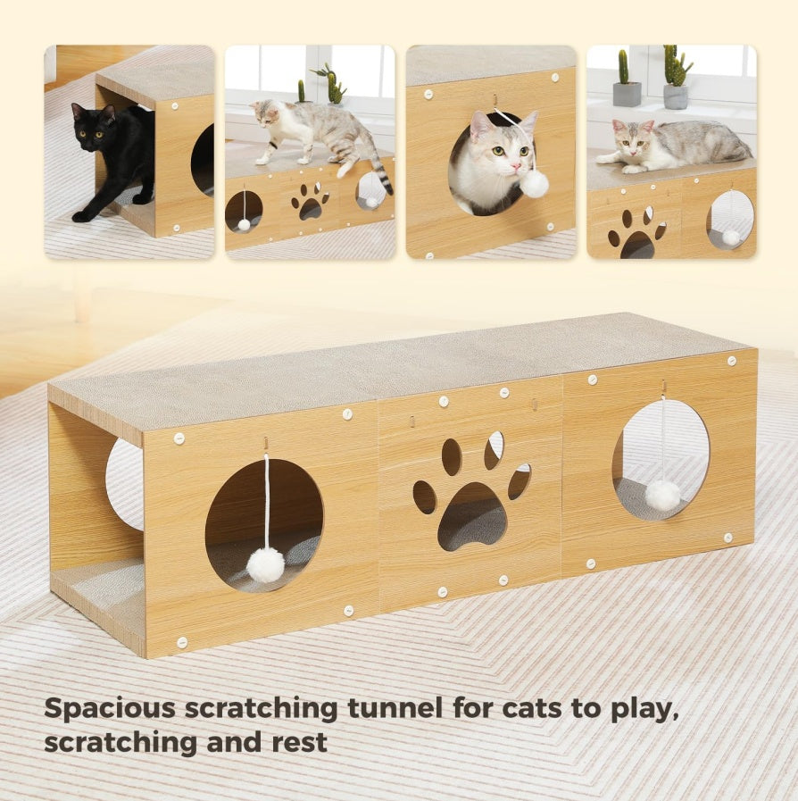 Wefulfil Multi-Hole Fun Cat Tunnel made of wood with hanging balls and paw cutout for cat play and rest