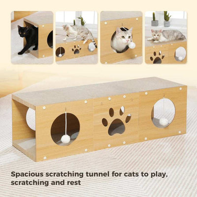 Wefulfil Multi-Hole Fun Cat Tunnel made of wood with hanging balls and paw cutout for cat play and rest