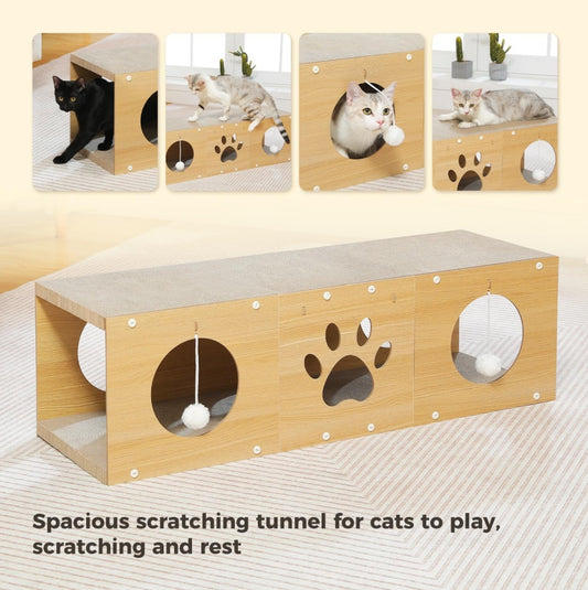 Wefulfil Multi-Hole Fun Cat Tunnel made of wood with hanging balls and paw cutout for cat play and rest