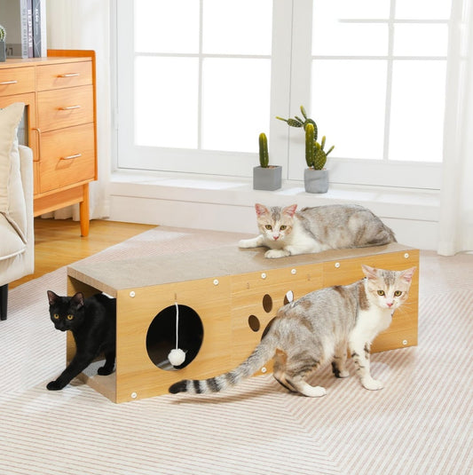 Wefulfil Multi-Hole Fun Cat Tunnel wooden playhouse with hanging ball toy and three playful cats